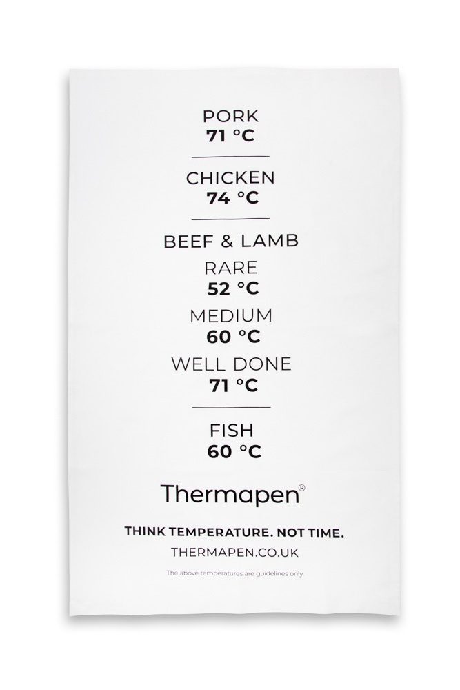 SuperFast Thermapen tea towel printed with cooking temperatures