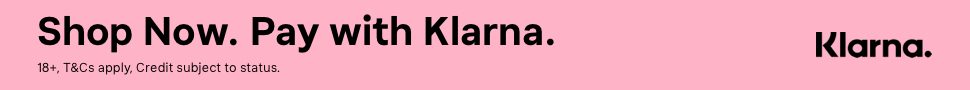 Shop Now. Pay with Klarna banner, black typography and Klarna logo on a pink background