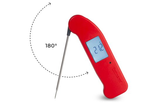 Red Thermapen food thermometer displaying its 180-degree retractable probe feature