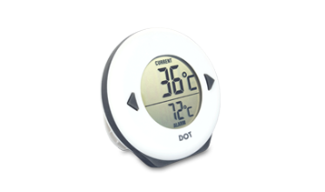 The DOT Digital Alarm thermometer with a clear display and a white case