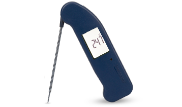 Midinight Blue cloured Thermapen ONE with screen light on, takes you to shop Thermapen ONE thermometers